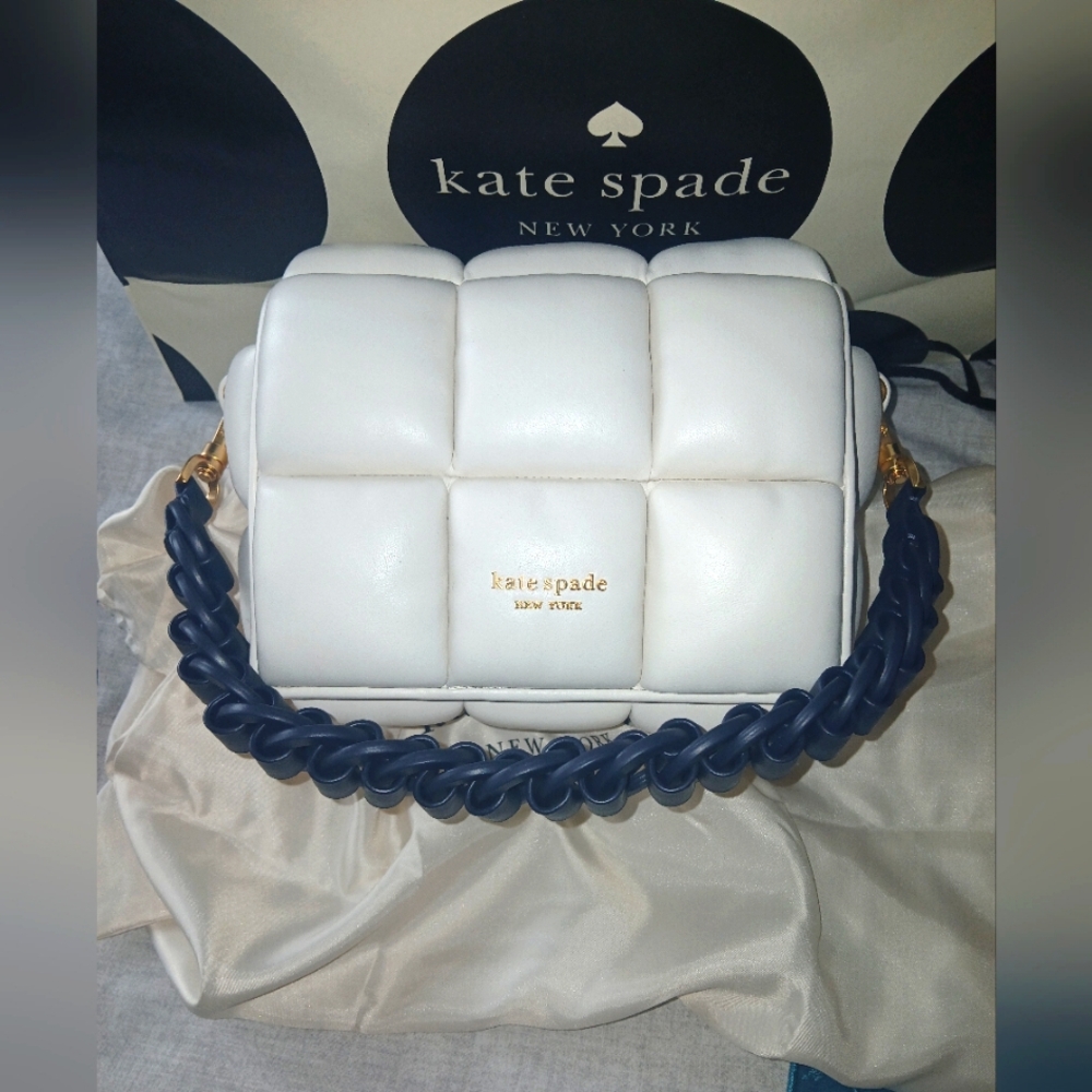 Brand New Kate Spade Boxxy Cream Multi Smooth Leather Crossbody,with navy straps